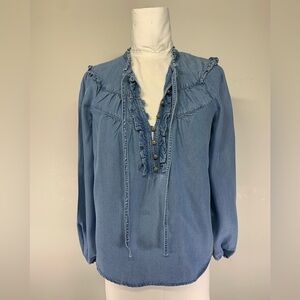 Maeve by Anthropologie Ruffled Lyocell Denim Blouse Light Wash Blue - Size Small